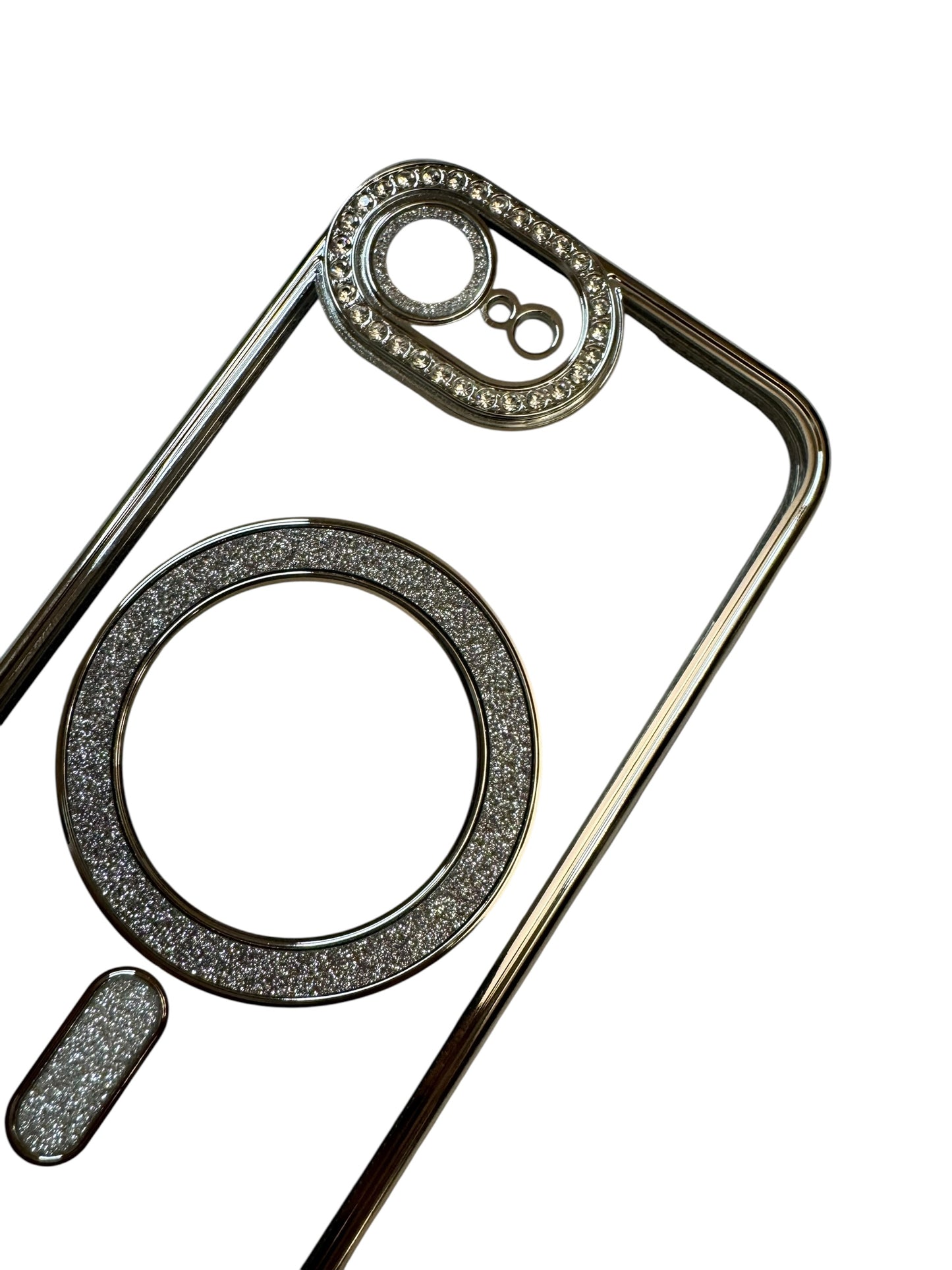 Carcasa iPhonr 16e Magsafe con brillos plateado