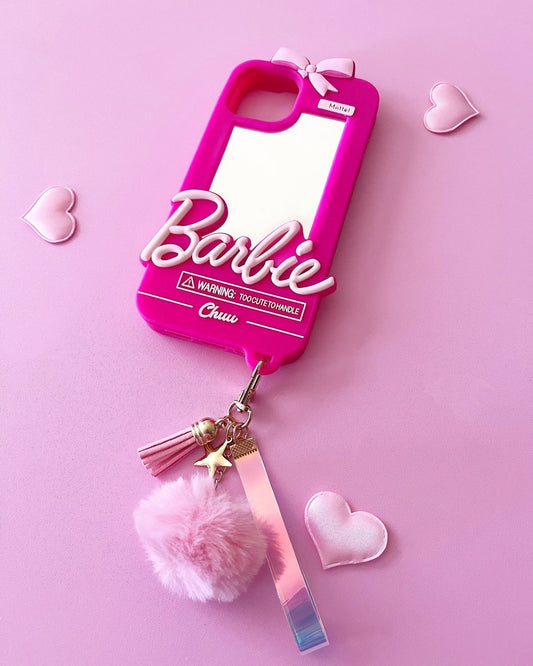 Carcasa Barbie Silicona  con pompom y espejo