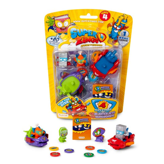 Set Blister 4 figuras + 2 carritos con 6 discos lanzadores , Serie 4