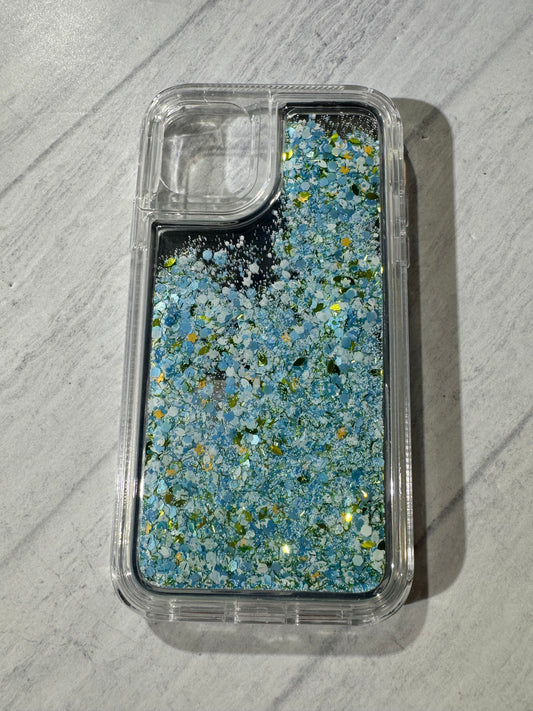 Carcasa glitter liquid espejo celeste