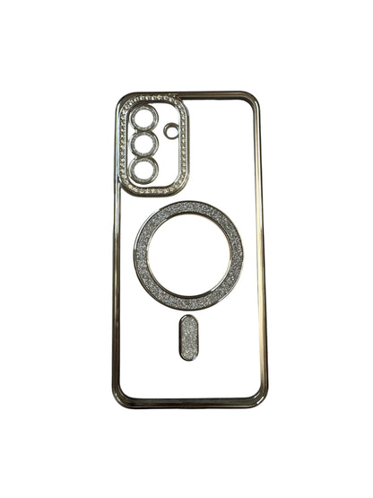 Carcasa Samsung A17 transparente con brillos y Magsafe plateado