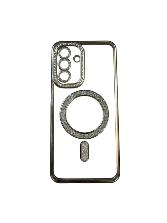 Carcasa Samsung A17 transparente con brillos y Magsafe plateado