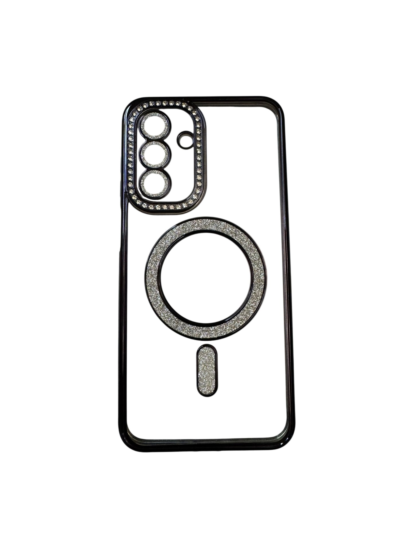 Carcasa Samsung A17 transparente con brillos y Magsafe negro