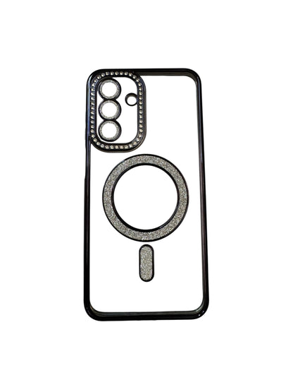 Carcasa Samsung A17 transparente con brillos y Magsafe negro