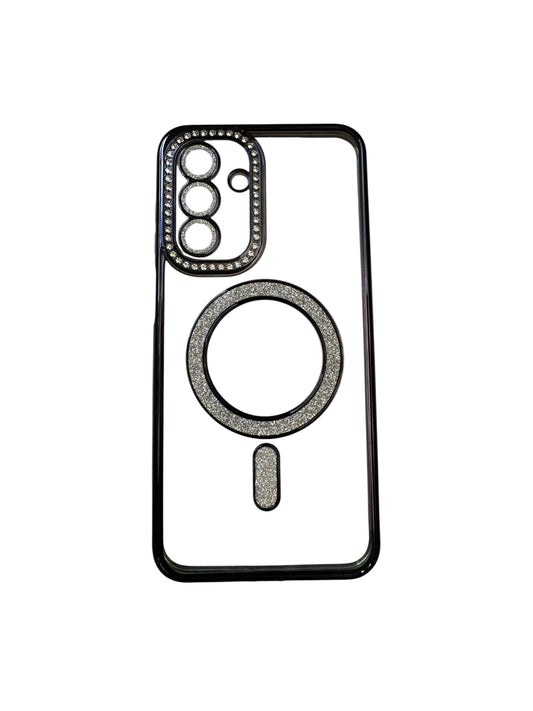 Carcasa Samsung A17 transparente con brillos y Magsafe negro