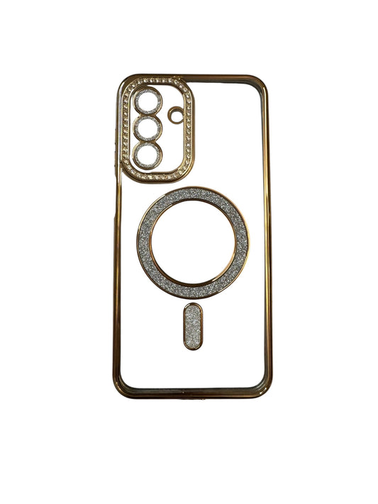 Carcasa Samsung A17 transparente con brillos y Magsafe dorado
