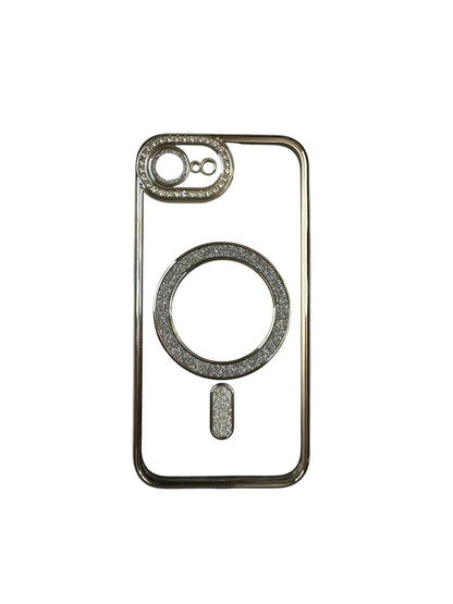 Carcasa iPhonr 16e Magsafe con brillos plateado